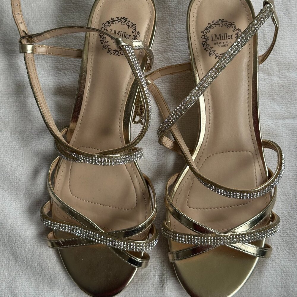 Glamorous Golden Evening Party Wedges with Shiny Stone Embellishments – I.Miller